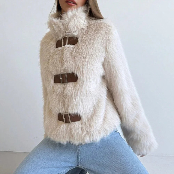 Apricot Casual Women's Stand Collar Fitted Long Sleeve Fluffy Button Jacket - Picture 5 of 9